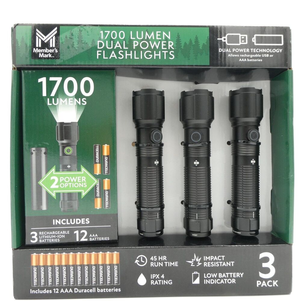 Member’s Mark 3PC 1700 Lumen Dual Power LED Flashlight Set - Rechargeable & AAA